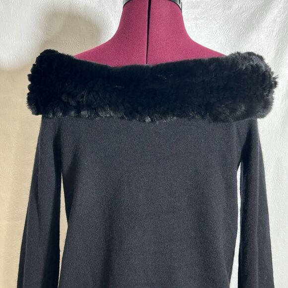 C By Bloomingdale's Cashmere Pullover Sweater Rabbit Fur Neckline Size XS Black - Picture 6 of 11